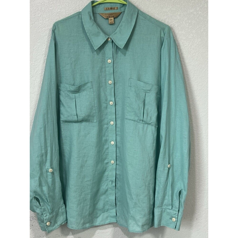 Investments Women's Shirt Size 22 W Green Linen Blen Blouse Tab Sleeves